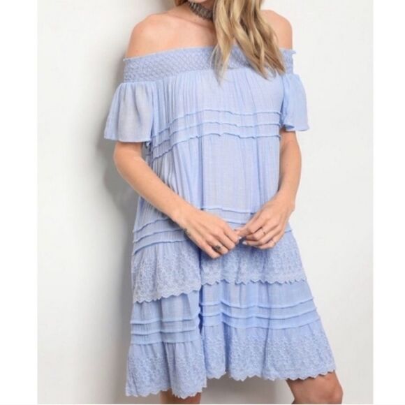 Ruffles and lace off the shoulder dress light blue - Picture 2 of 5